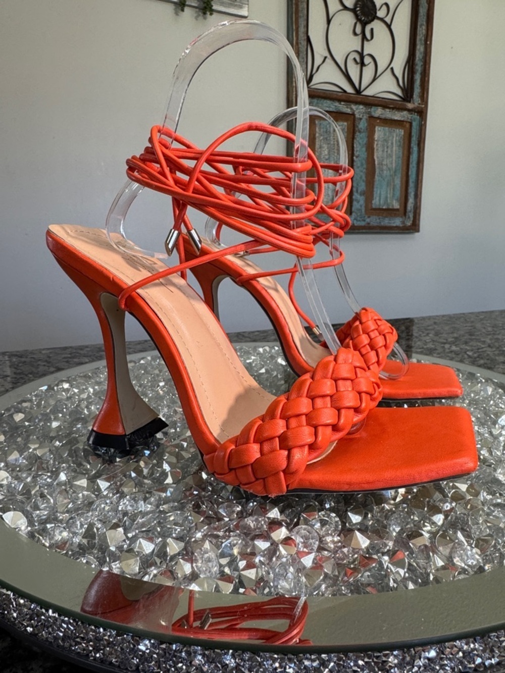 Braided Wrap-Strap High Heel Sandals in Orange 8